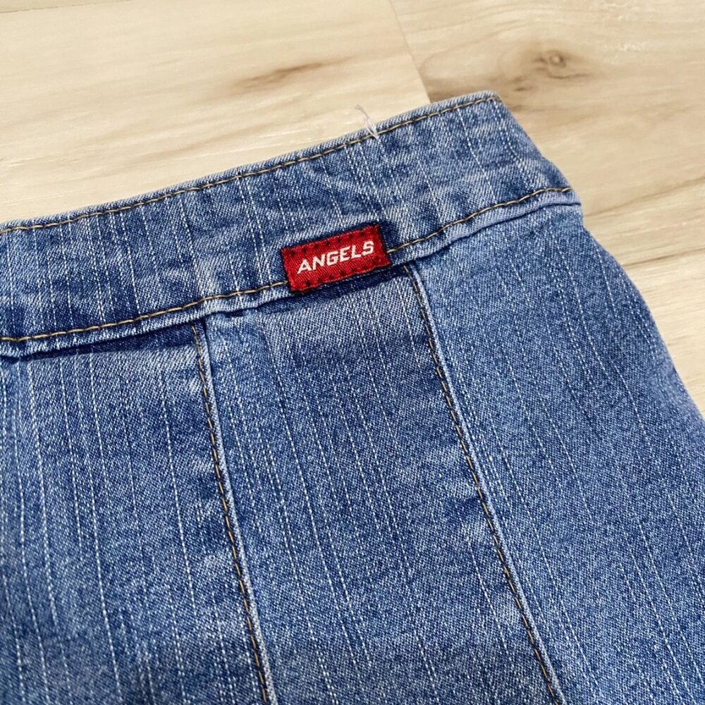 Angels Denim Pleated Mini Skirt Size 7 Y2K Low Rise Button Detail - Picture 9 of 10